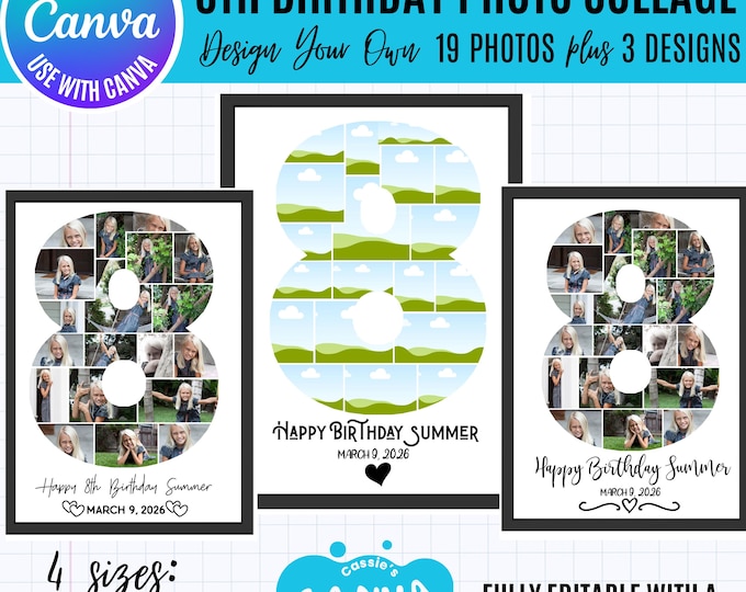 Canva 8th Birthday Photo Collage Template, 19 Photo Number 1 Collage, Editable Milestone Poster, 3 Text Designs, Canva Number 8 template
