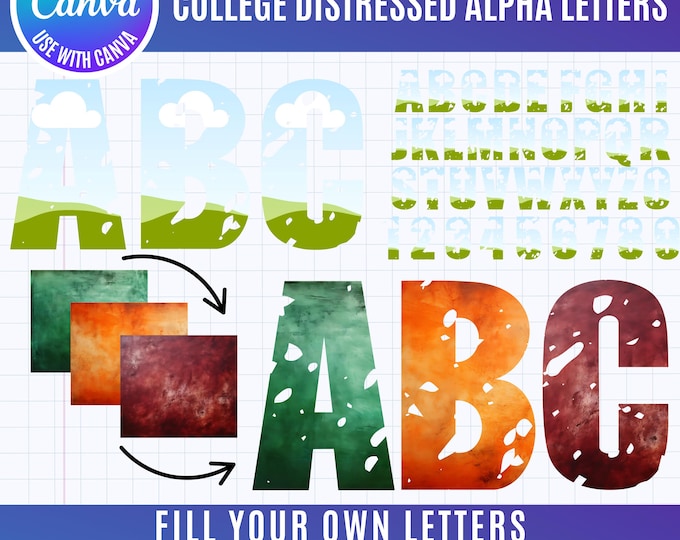 Letters Canva Frame Template, Fill your own letters, Distressed College Letters, College Alphabet, Canva Templates, Alphabet Template Canva