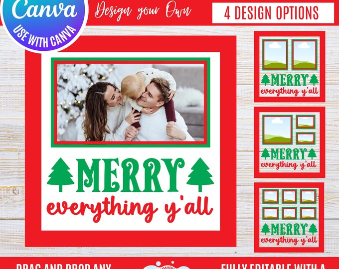 Canva Christmas Photo Frame Bundle | “Merry Everything Yall” Holiday Frames for 1, 2, 3 & 6 Photos | Festive Winter Canva Templates