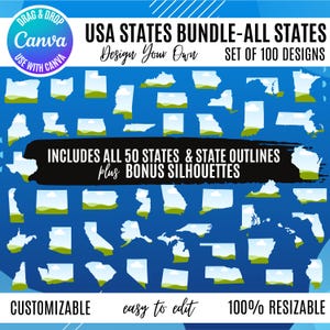 Peut inclure: Graphique bleu avec les contours des États américains remplis de vert et de blanc. Le texte comprend "USA STATES BUNDLE-ALL STATES", "Design Your Own", "SET OF 100 DESIGNS", "INCLUDES ALL 50 STATES & STATE OUTLINES", "PERSONNALISABLE".