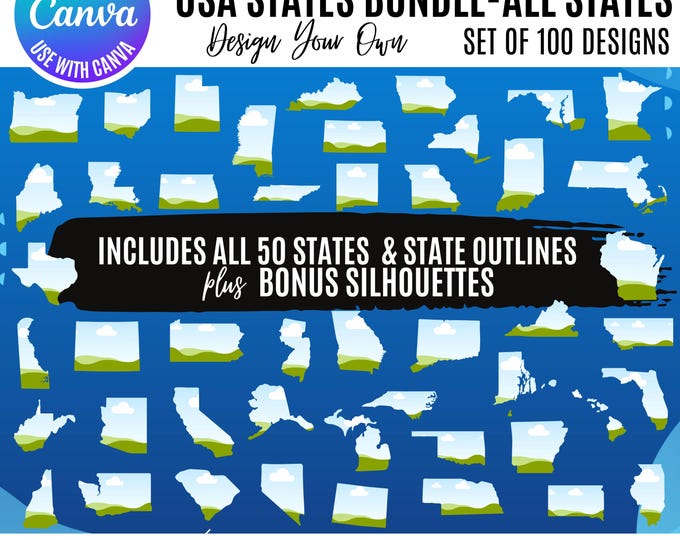 Canva USA States Template, Canva United States Frames, All 50 USA States Canva Outline, USA States Silhouette Bundle Editable State Template