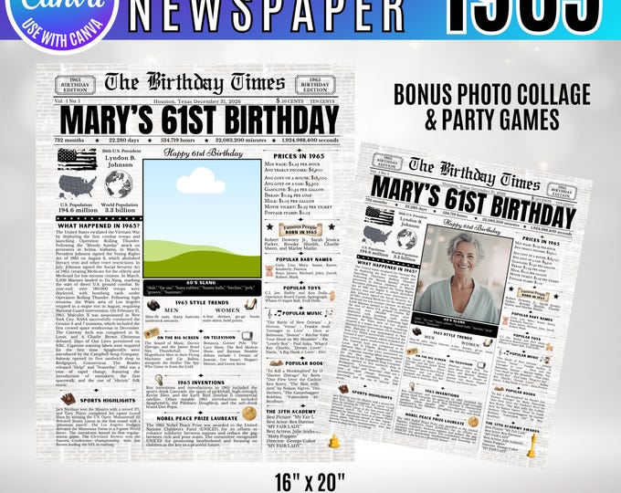 Editable Birthday Newspaper Template Canva, Custom Birth Year Facts Poster,  Canva Vintage Newspaper Birthday Sign, 1965 birthday gift decor