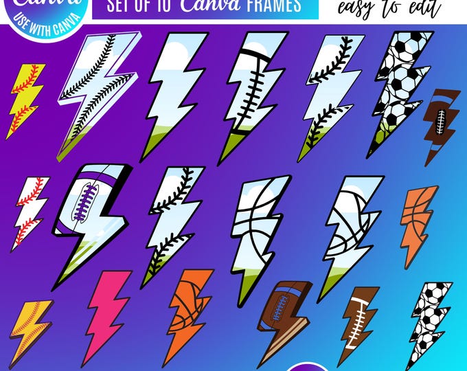 Sports Lightning Bolt Frame Canva Template Bundle, Sports Lightning Bolt Designs, Softball Baseball Soccer Basketball Football Canva Frames