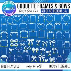 Coquette Bows Canva Editable Frame, Coquette Canva Templates Bundle, Coquette Frame Canva Template, Drag and Drop Photo, Editable frame temp