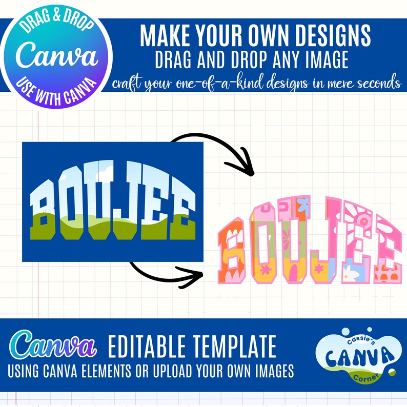 Puede incluir: Gr&aacute;fico promocional de Canva que muestra las funciones de dise&ntilde;o. La imagen muestra la palabra "BOUJEE" en dos estilos diferentes, con texto que destaca la funcionalidad de arrastrar y soltar y las plantillas editables. El logotipo y la marca Canva son visibles.