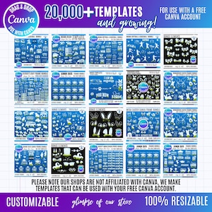 Pu&ograve; includere: Una collezione digitale di oltre 20.000 modelli di design grafico da utilizzare con un account Canva. L'immagine mostra diverse griglie di icone blu e bianche, inclusi temi sportivi, coniglietti pasquali, tocco di laurea e fiocchi, con etichette.