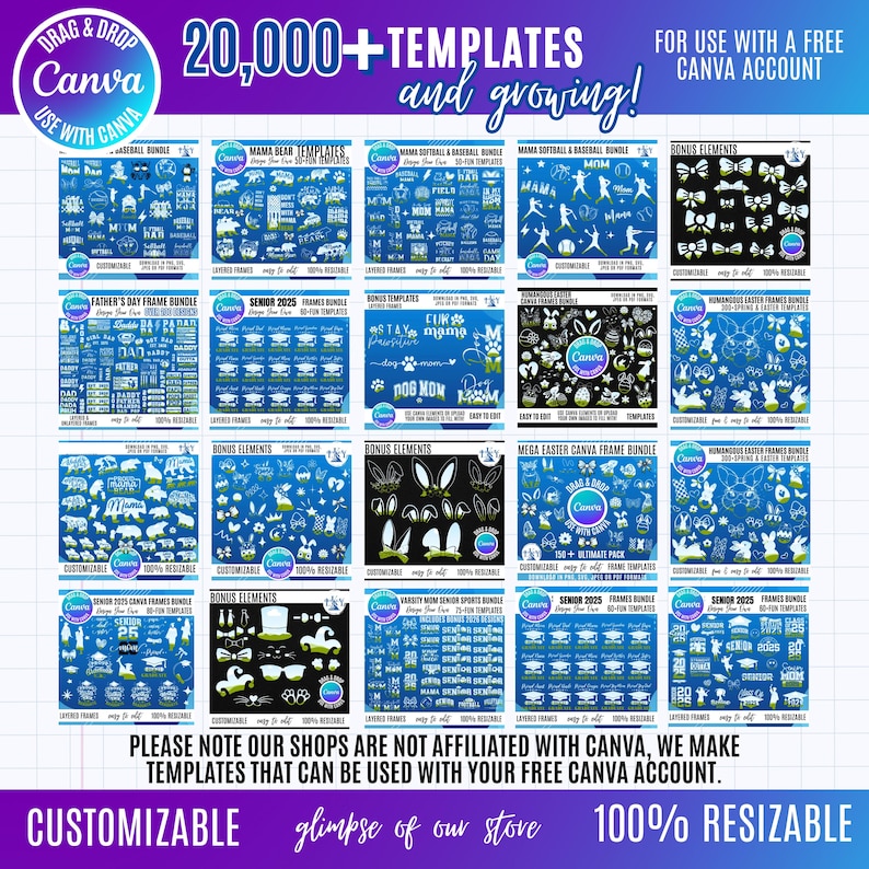 Pu&ograve; includere: Una collezione digitale di oltre 20.000 modelli di design grafico da utilizzare con un account Canva. L'immagine mostra diverse griglie di icone blu e bianche, inclusi temi sportivi, coniglietti pasquali, tocco di laurea e fiocchi, con etichette.