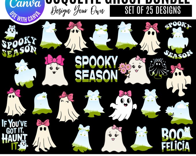 Coquette Ghost Canva Bundle, Pink Girly Halloween Aesthetic Templates, Canva Halloween Ghosts, Canva Coquette Ghost Designs, Canva ghosts