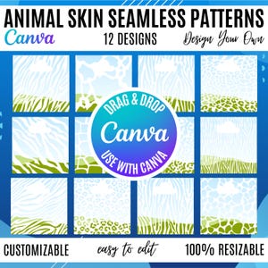 以下が含まれることがあります： シームレスな動物の皮のパターン12種類を特徴とするデジタルデザインテンプレート。ゼブラ、キリン、ヒョウ柄のデザインが含まれています。青と緑の配色を使用しています。Canvaのロゴが目立ち、デザインがカスタマイズ可能でサイズ変更可能であることを示すテキストが表示されています。