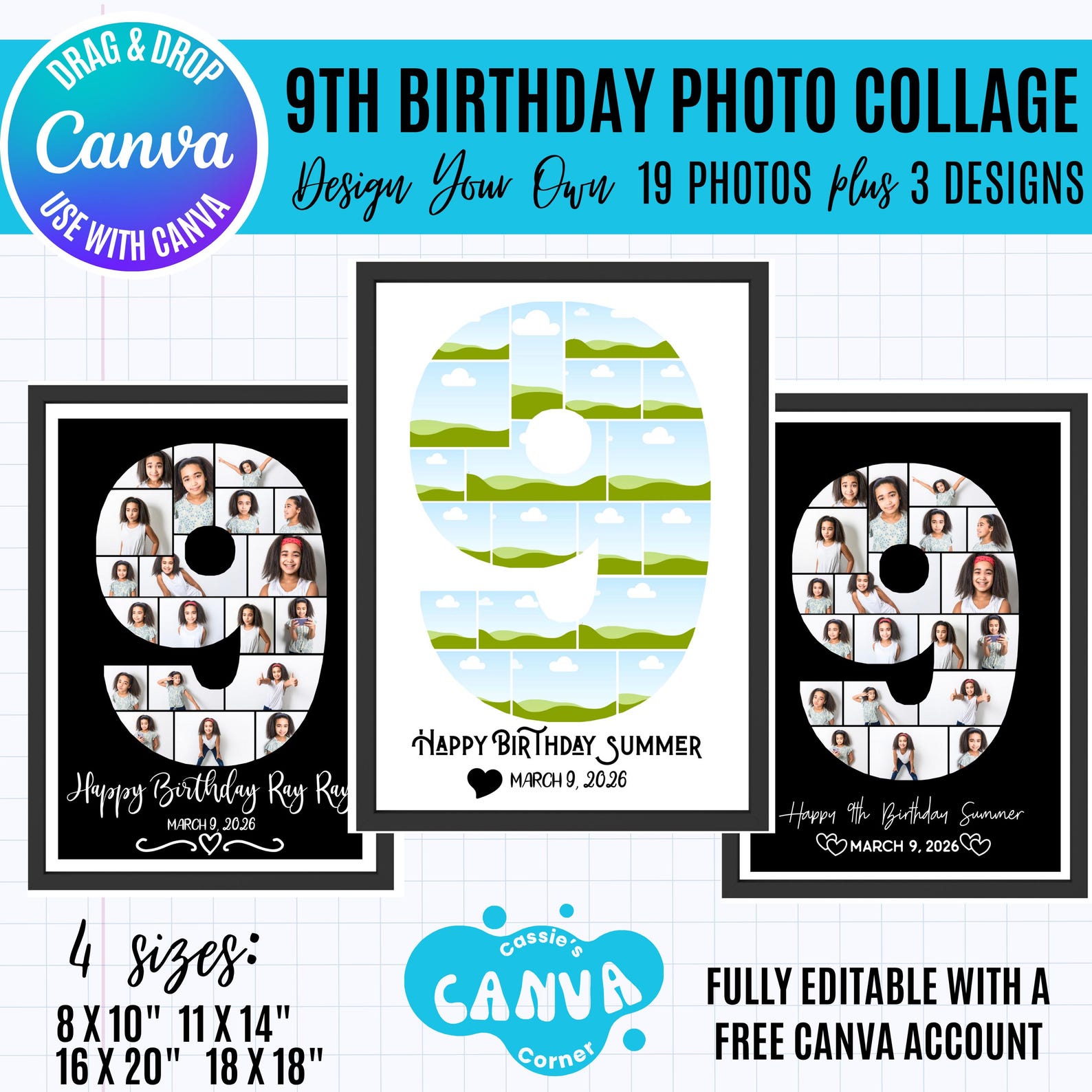 9th Birthday Photo Collage Template: 19 Photo Number 9, Editable Canva ...