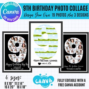 9th Birthday Photo Collage Template: 19 Photo Number 9, Editable Canva ...