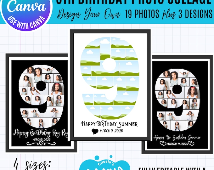 Canva Birthday Photo Collage Template, 19 Photo Number 1 Collage, Editable Milestone Poster, 3 Text Designs, Canva Number 9 Photo collage