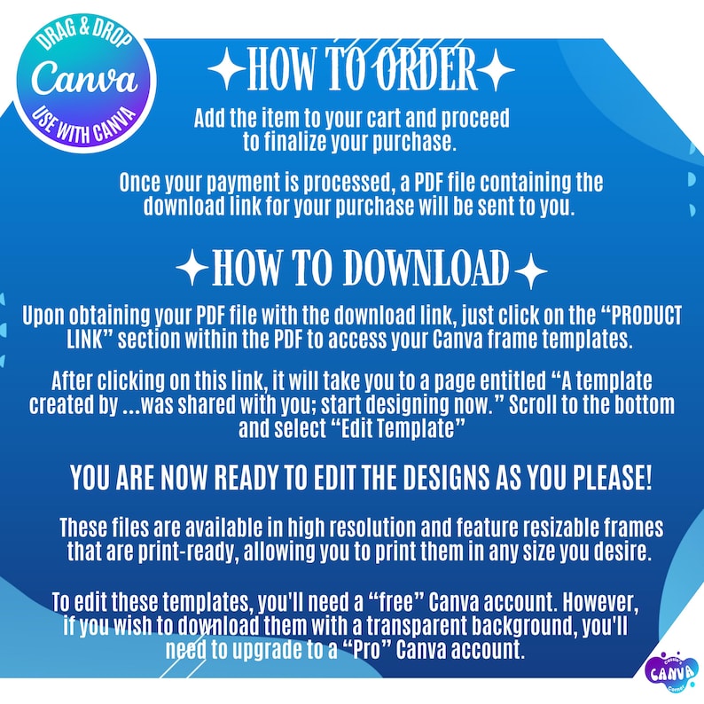 Puede incluir: Un gr&aacute;fico azul y blanco con instrucciones sobre c&oacute;mo pedir y descargar plantillas de Canva. El dise&ntilde;o incluye el logotipo de Canva e instrucciones sobre c&oacute;mo usar las plantillas, incluida la necesidad de una cuenta Canva gratuita o Pro.