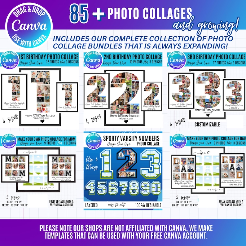 Pu&ograve; includere: Una collezione digitale di oltre 85 modelli di collage fotografici per Canva, con design di numeri di compleanno, layout per mamma e pap&agrave; e numeri sportivi in stile varsity. Ogni modello &egrave; modificabile, ridimensionabile e include varie opzioni.