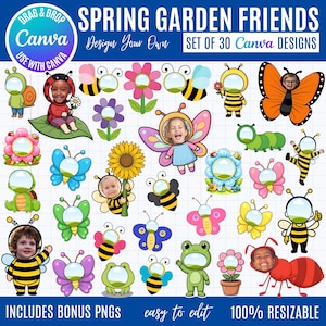 Spring Garden Friends Face Insert Canva Bundle Cut,  Bee Butterfly Flower Frog Turtle Caterpillar Templates, Canva Kids Face Cutout Designs