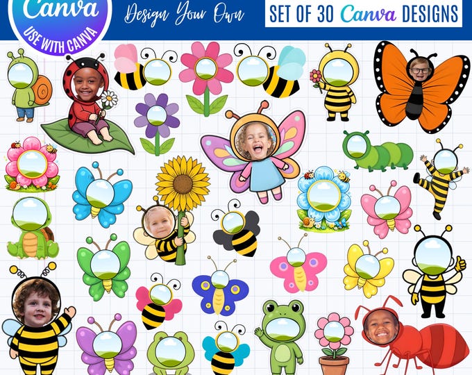 Spring Garden Friends Face Insert Canva Bundle Cut,  Bee Butterfly Flower Frog Turtle Caterpillar Templates, Canva Kids Face Cutout Designs