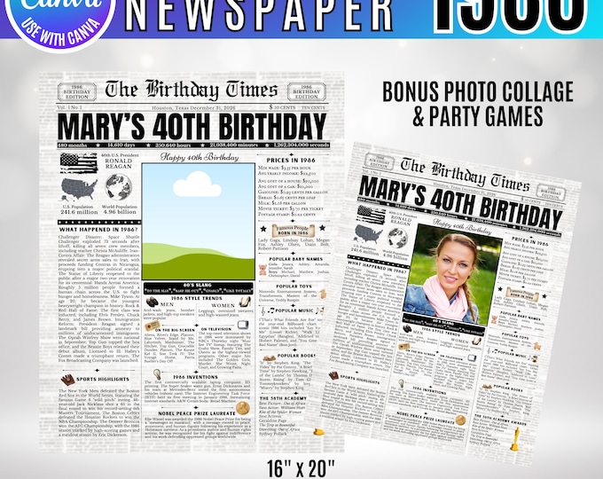 Editable Birthday Newspaper Template Canva, Custom Birth Year Facts Poster,  Canva Vintage Newspaper Birthday Sign, 1986 birthday gift decor
