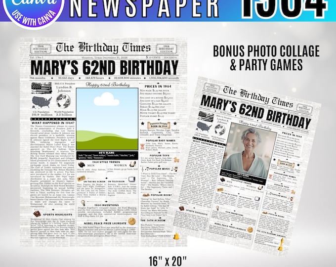 Editable Birthday Newspaper Template Canva, Custom Birth Year Facts Poster,  Canva Vintage Newspaper Birthday Sign, 1964 birthday gift decor
