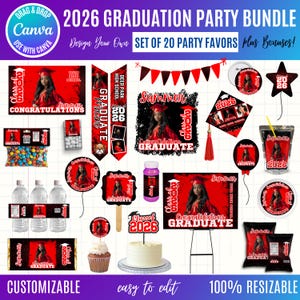 Puede incluir: Un paquete de fiesta de graduación con un tema rojo y negro. El paquete incluye varios recuerdos de fiesta, como pancartas, adornos para cupcakes, etiquetas para botellas de agua y letreros. El texto incluye "2026 Graduation Party Bundle", "Congratulations Graduate" y "Class of 2026".
