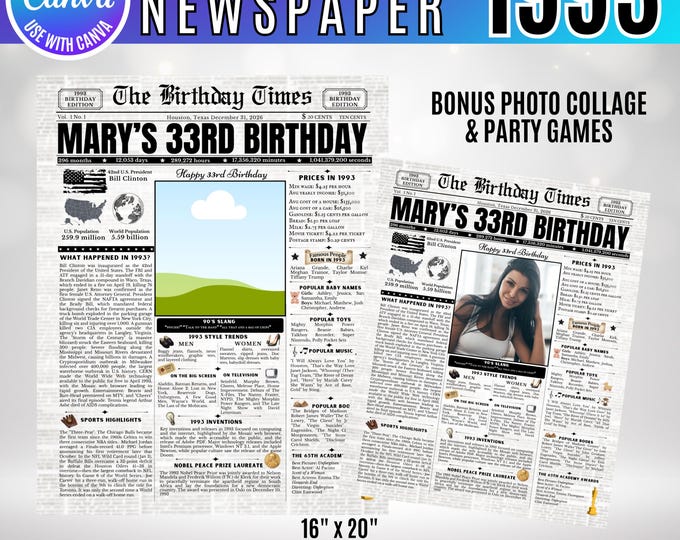 Editable Birthday Newspaper Template Canva, Custom Birth Year Facts Poster,  Canva Vintage Newspaper Birthday Sign, 1993 birthday gift decor