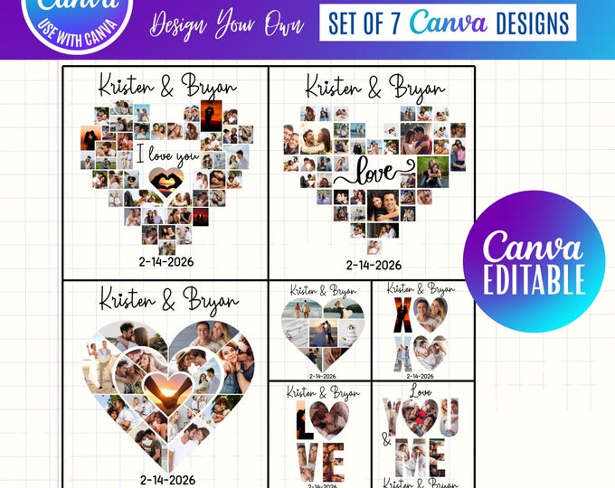 Heart photo collage Templates, Love photo collage (Digital Download), Mother's Day Photo Collage, Heart Canva templates, Canva heart frames