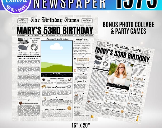 Editable Birthday Newspaper Template Canva, Custom Birth Year Facts Poster,  Canva Vintage Newspaper Birthday Sign, 1973 birthday gift decor
