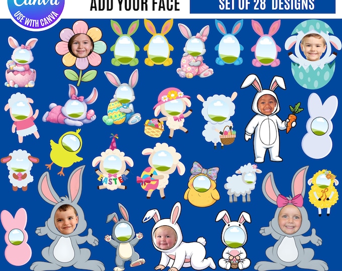 Easter Face Insert Canva Bundle, Cute Easter Characters, Bunny Boy & Girl, Chick, Sheep Face Frames, Kids Easter Photo Templates, classroom