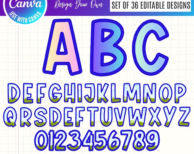 Blue Embroidery Alphabet & Number Canva Bundle, Varsity Outline Letters, Embroidered Monogram Alphabet, Editable Canva Letters and Numbers