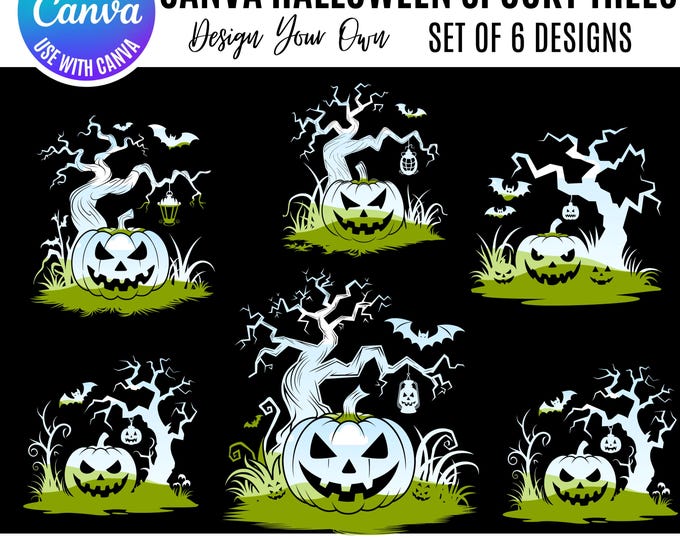 Halloween Canva Bundle, Canva Halloween Spooky, Spooky Halloween trees, Canva Editable Templates, Canva Halloween frame, Canva pumpkins