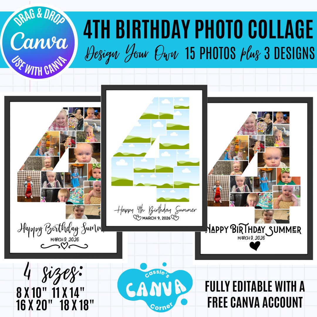 4th Birthday Photo Collage Template: Number 4, 15 Photos (canva ...