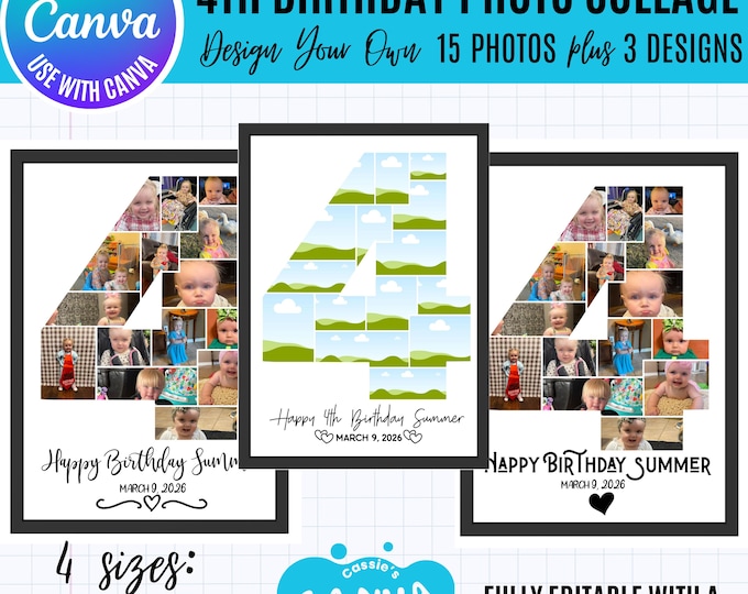 Canva 4th Birthday Photo Collage Template, 15 Photo Number 1 Collage, Editable Milestone Poster, 3 Text Designs, Canva Number 4 template