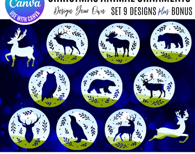 Canva Christmas Animal Round Ornaments, holiday canva ornaments, Christmas Animal Canva, DIY Christmas Ornaments, Holiday Animal Clipart