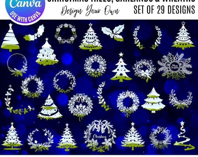 Canva Christmas Bundle, Canva Christmas elements, Wreath Canva Template, Christmas Garland Clipart, Editable Holiday Designs, Holiday Wreath