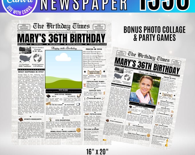 Editable Birthday Newspaper Template Canva, Custom Birth Year Facts Poster,  Canva Vintage Newspaper Birthday Sign, 1990 birthday gift decor