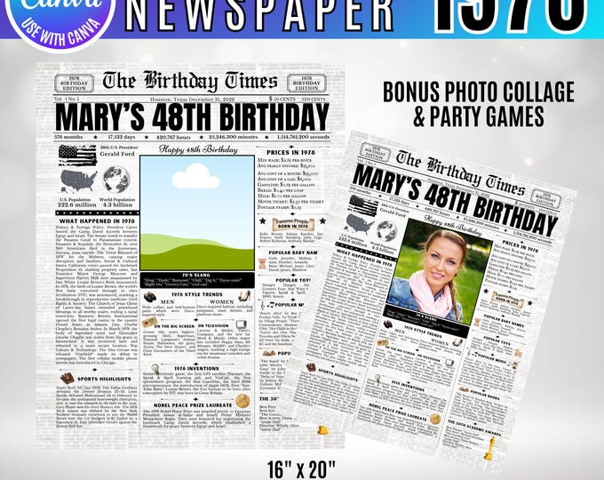 Editable Birthday Newspaper Template Canva, Custom Birth Year Facts Poster,  Canva Vintage Newspaper Birthday Sign, 1978 birthday gift decor