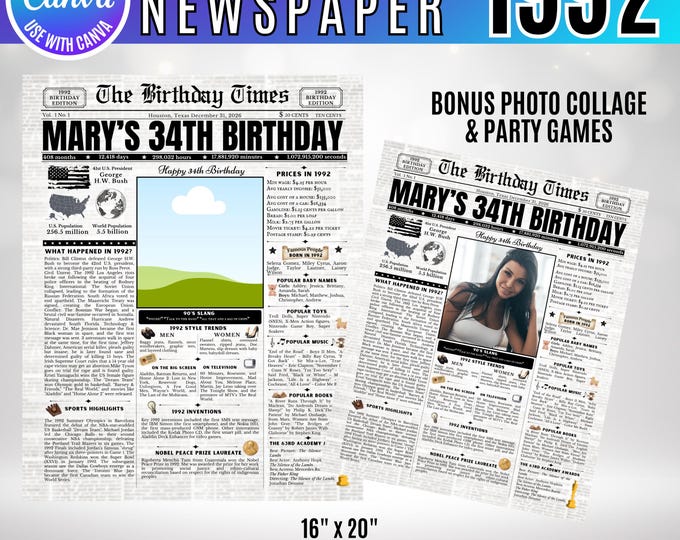 Editable Birthday Newspaper Template Canva, Custom Birth Year Facts Poster,  Canva Vintage Newspaper Birthday Sign, 1994 birthday gift decor
