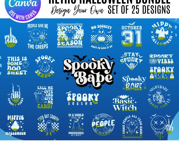 Canva Halloween Retro, Retro Spooky Design Bundle, Retro Halloween Canva Bundle, Spooky Editable Templates for Shirts, Retro Canva designs