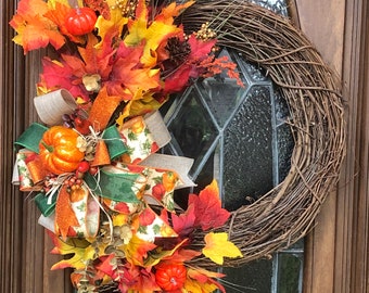 Fall wreath, pumpkin wreath, fall color wreath, welcome fall wreath, thanksgiving wreath, harvest wreath, Front door decor, BEST SELLER