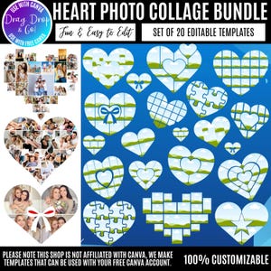 May include: A digital product bundle featuring heart-shaped photo collage templates. The image showcases various heart designs, including puzzle pieces, bows, and grid patterns, with a blue and green color scheme. Text includes "Heart Photo Collage Bundle" and "Fun & Easy to Edit."