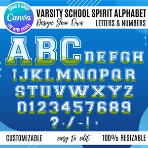 Pode incluir: Gráfico azul com um alfabeto de espírito escolar universitário, letras e números. O design inclui as letras A a Z, os números 0-9 e sinais de pontuação. O texto "Design Your Own" também está presente, juntamente com o logotipo Canva e as palavras "Personalizável", "fácil de editar" e "100% redimensionável".
