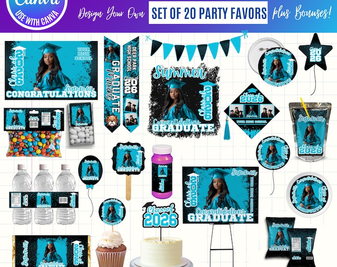 Graduation 2026 Canva Bundle Template, Editable Grad Party Decor Kit, Pre-Made Senior Designs, Canva graduation party favors bundle, digital