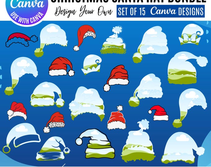 Christmas Santa Hats Canva Bundle, Assorted Holiday Hat Clipart & Elements, editable Canva Templates, Canva festive Christmas Hat Designs