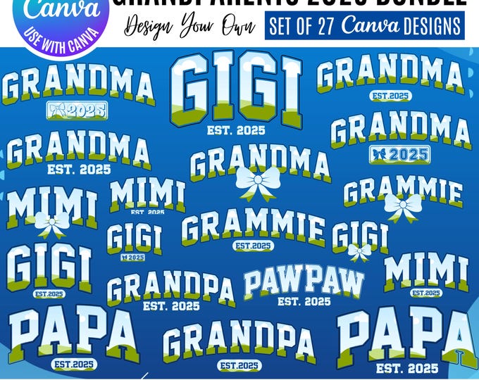 Varsity Grandma & Grandpa Est. 2025 Canva Templates (Digital Download)