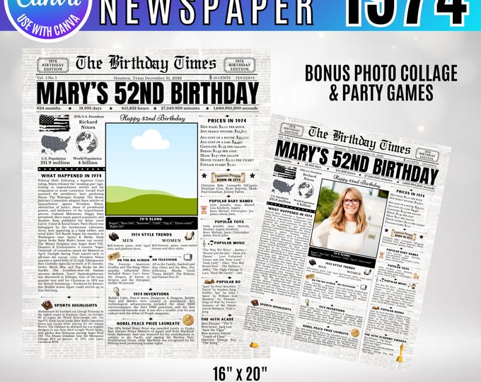 Editable Birthday Newspaper Template Canva, Custom Birth Year Facts Poster,  Canva Vintage Newspaper Birthday Sign, 1974 birthday gift decor