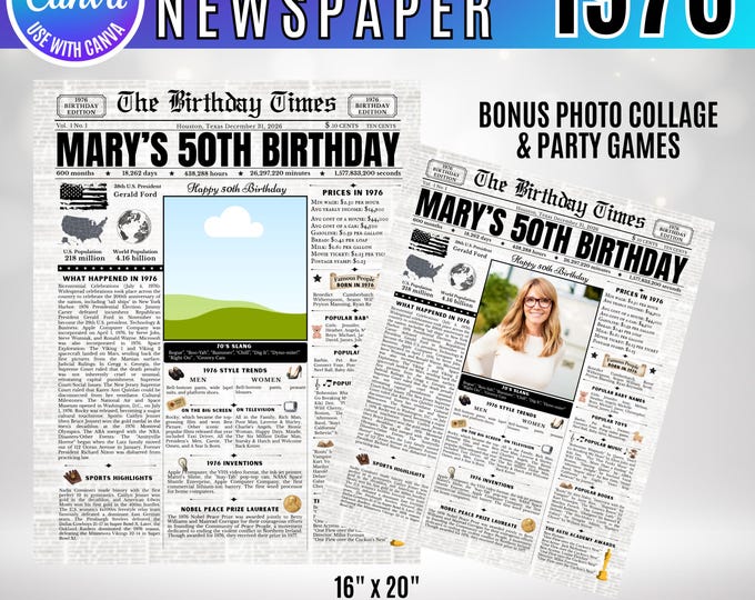 Editable Birthday Newspaper Template Canva, Custom Birth Year Facts Poster,  Canva Vintage Newspaper Birthday Sign, 1976 birthday gift decor