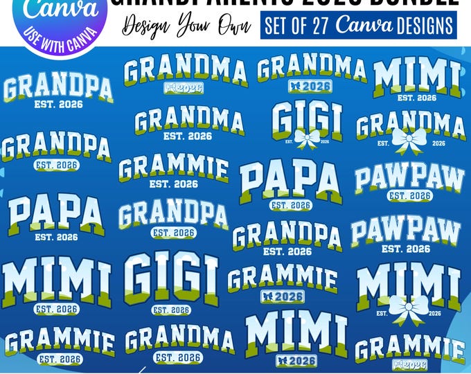 Varsity Grandma & Grandpa Established 2026 Canva Templates (Digital Download)