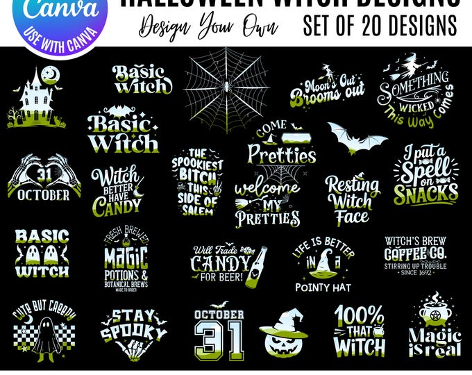 Canva Halloween Witch Bundle, Witches Hat Clipart & templates, Spooky Editable witch Graphics, Canva Witch templates, editable witches canva