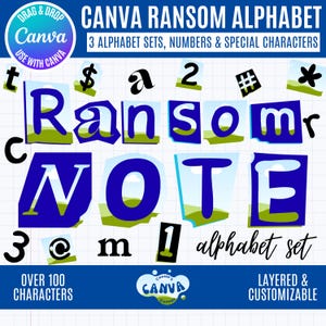 Puede incluir: Un diseño digital para un "Canva Ransom Alphabet" con tres conjuntos de alfabetos, números y caracteres especiales. El diseño incluye las palabras "Ransom Note" en un estilo recortado, con caracteres adicionales y el texto "Over 100 Characters."