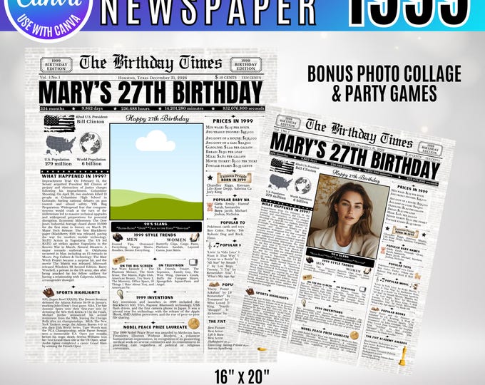 Editable Birthday Newspaper Template Canva, Custom Birth Year Facts Poster,  Canva Vintage Newspaper Birthday Sign, 1999 birthday gift decor