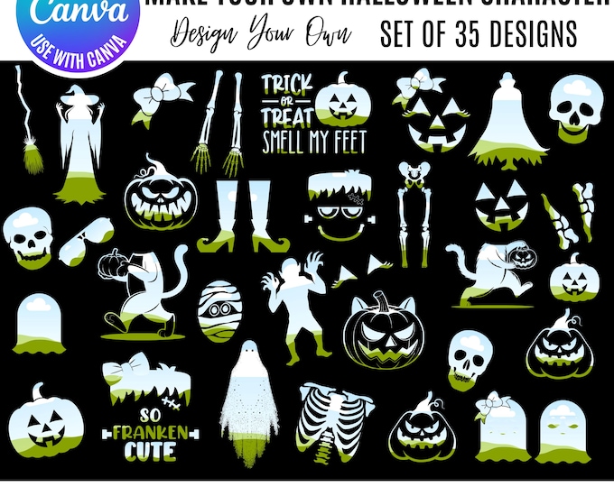 Halloween Canva Bundle, Canva Skeleton, Canva Halloween characters, Halloween Witch Designs, Canva Editable Templates, Canva Halloween frame